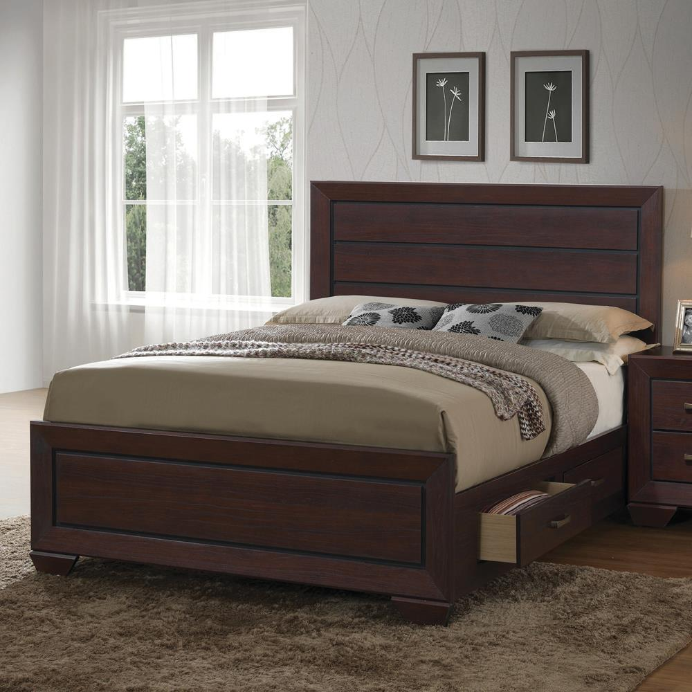 Dark cocoa Kauffman Wood Queen Storage Panel Bed by Start2Finish with storage drawers, showcasing its elegant wooden design.