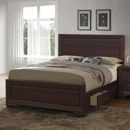 Dark cocoa Kauffman Wood Queen Storage Panel Bed by Start2Finish with storage drawers, showcasing its elegant wooden design.