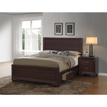 Start2Finish Kauffman Wood Queen Storage Panel Bed in dark cocoa finish, showcasing the elegant wooden headboard and storage drawers.