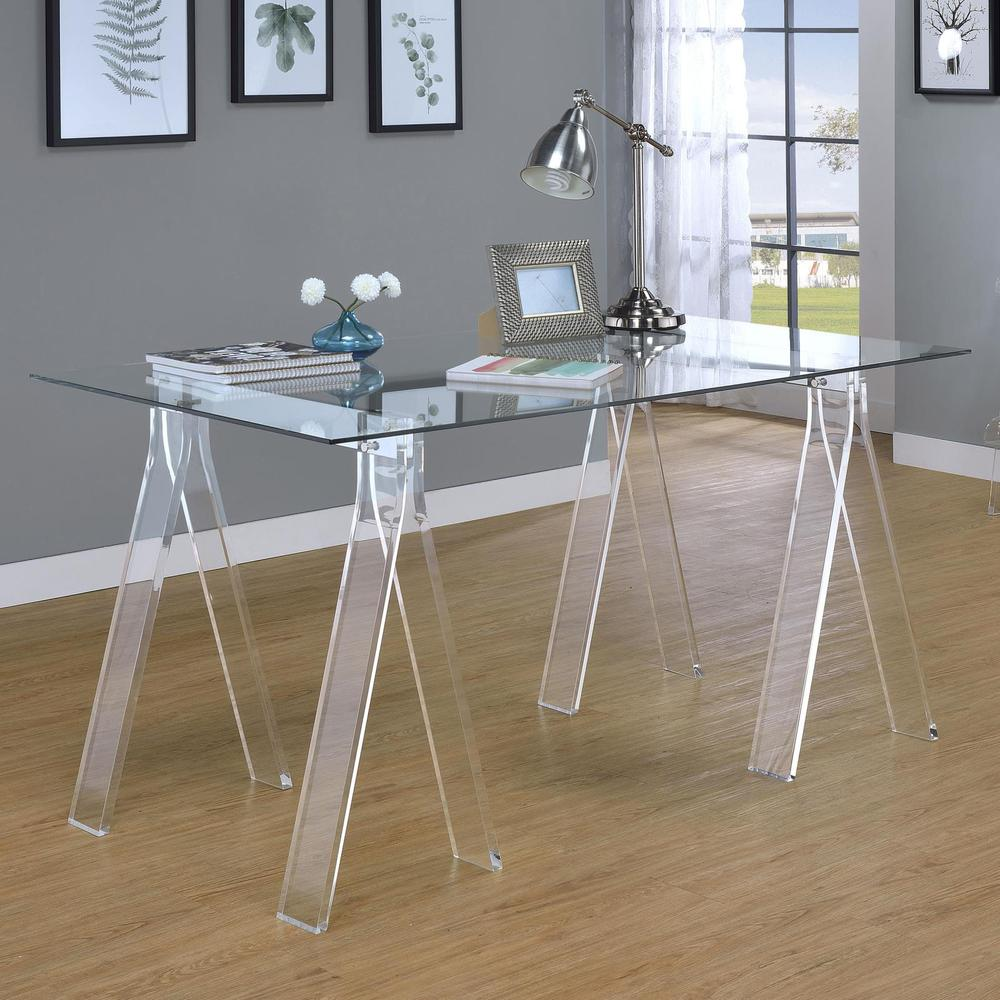 Start2Finish Amaturo 59-inch glass top acrylic writing desk with a sleek, clear surface and modern furniture design.