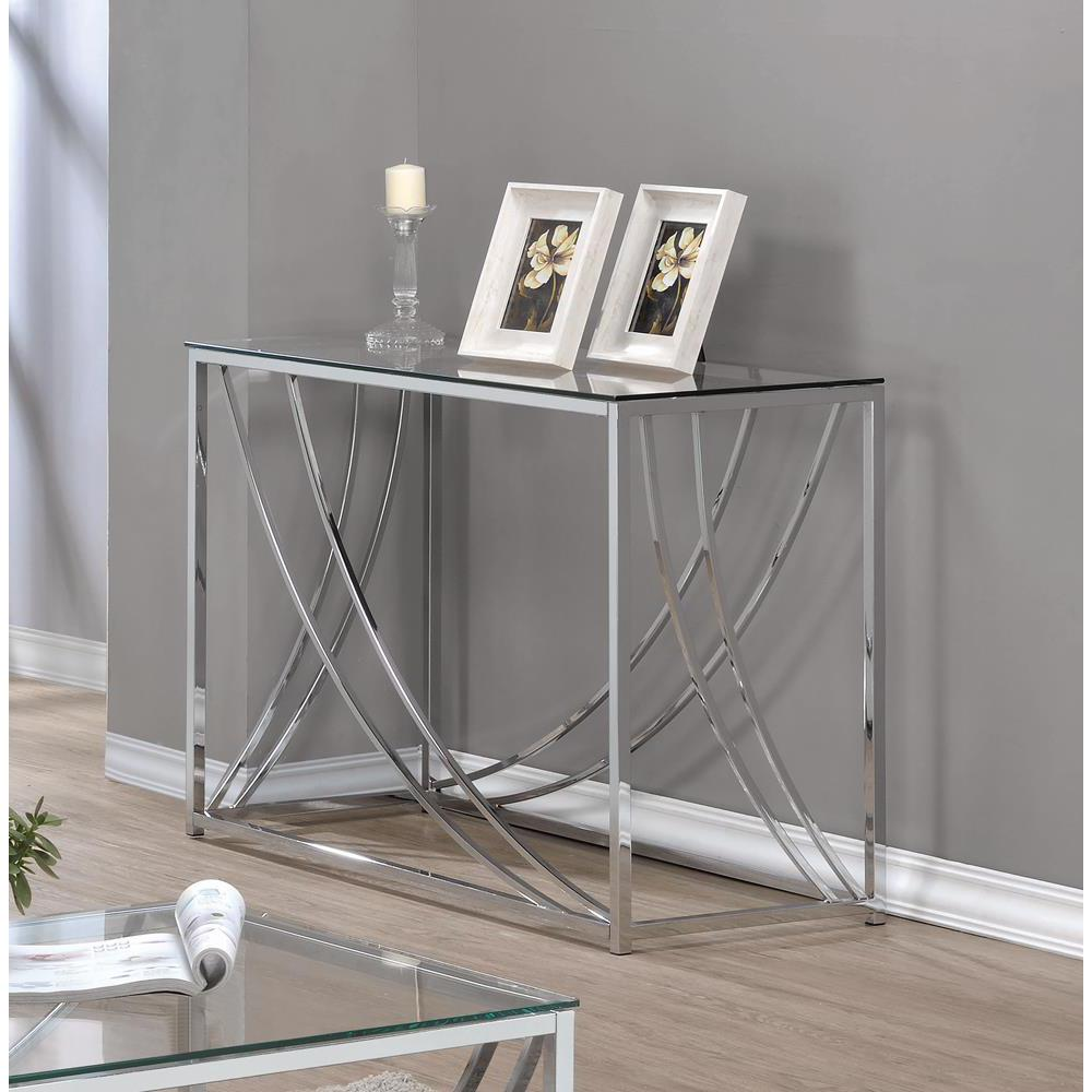 Lille glass top entryway sofa console table with chrome accents, featuring a sleek modern design and storage space.