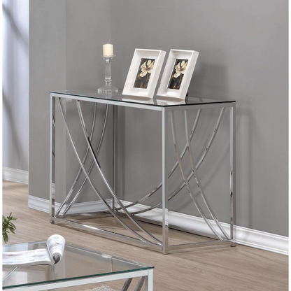 Lille glass top entryway sofa console table with chrome accents, featuring a sleek modern design and storage space.