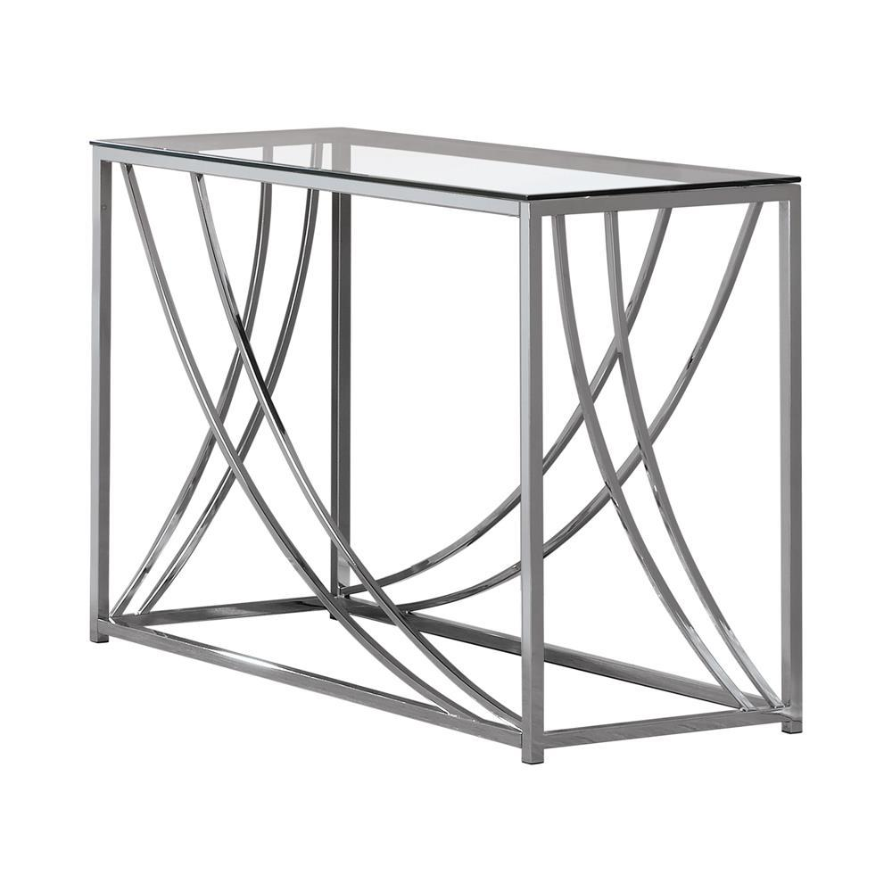 Lille glass top entryway sofa console table with chrome accents, sleek design, and sturdy frame from Start2Finish.