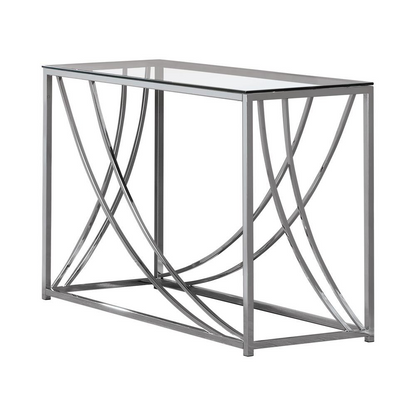 Lille glass top entryway sofa console table with chrome accents, sleek design, and sturdy frame from Start2Finish.