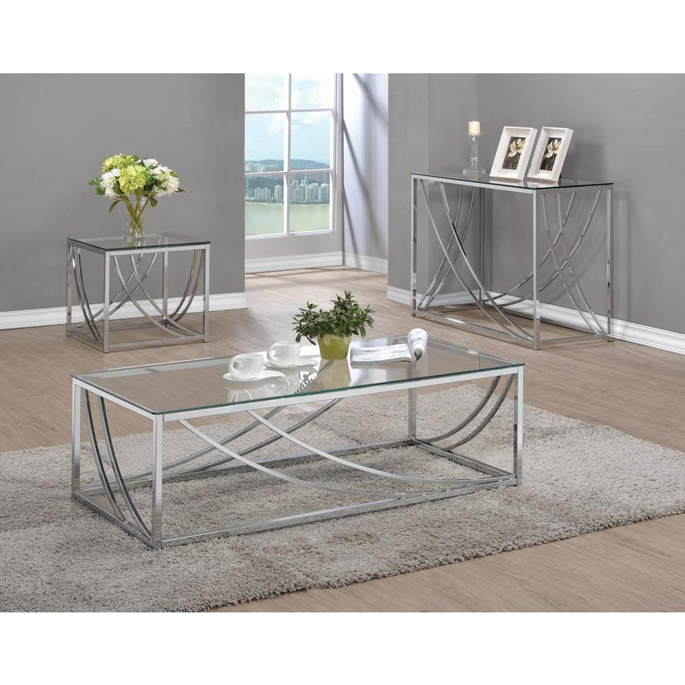 Lille glass top entryway sofa console table with chrome accents, modern design, and sturdy frame by Start2Finish.