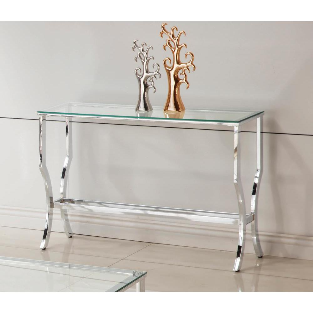 Start2Finish Saide rectangular glass top entryway console table with chrome finish, featuring a modern design and sleek glass surface.