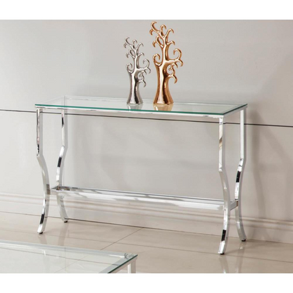 Start2Finish Saide rectangular glass top entryway console table with chrome finish, featuring a modern design and sleek glass surface.