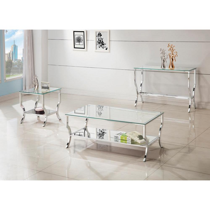 Start2Finish Saide rectangular glass top entryway console table with chrome frame, showcasing sleek modern design and transparent glass surface.