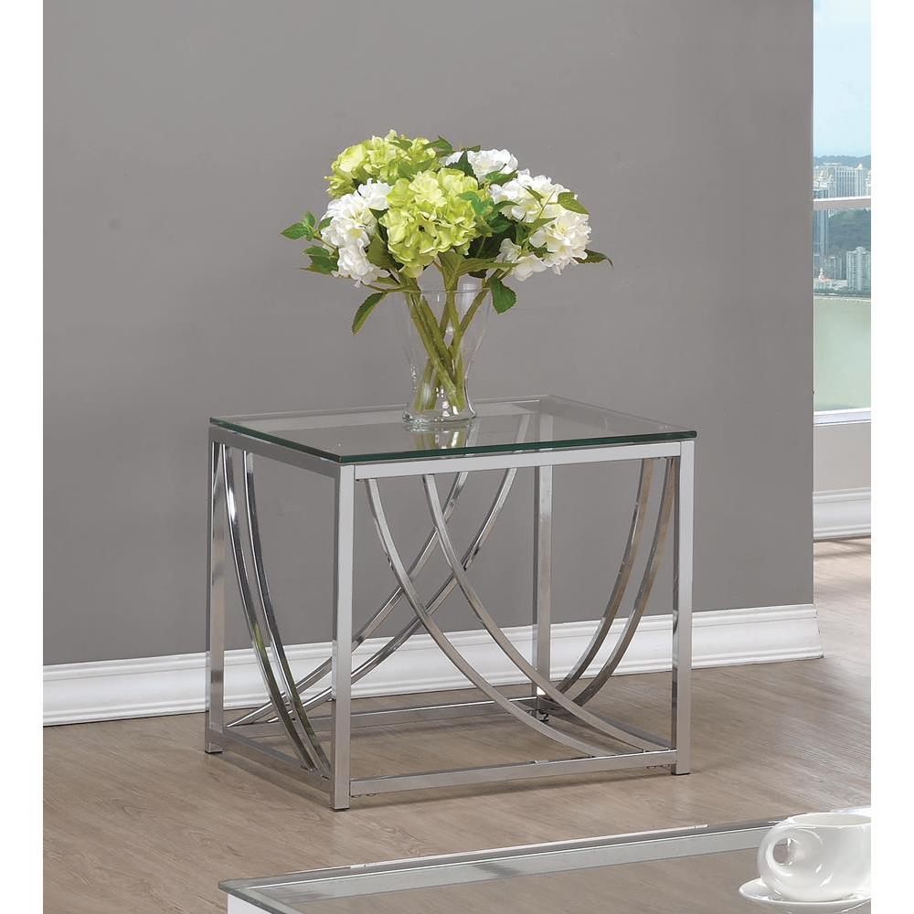 Lille square glass top side end table with chrome frame by Start2Finish, showcasing a sleek modern design.