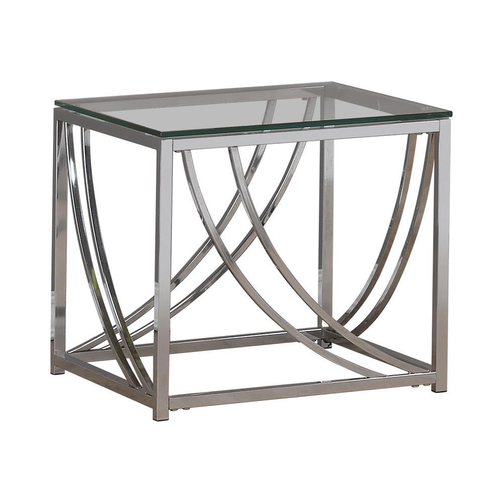 Lille Square Glass Top Side End Table with chrome frame by Start2Finish, featuring a sleek glass surface and modern design.
