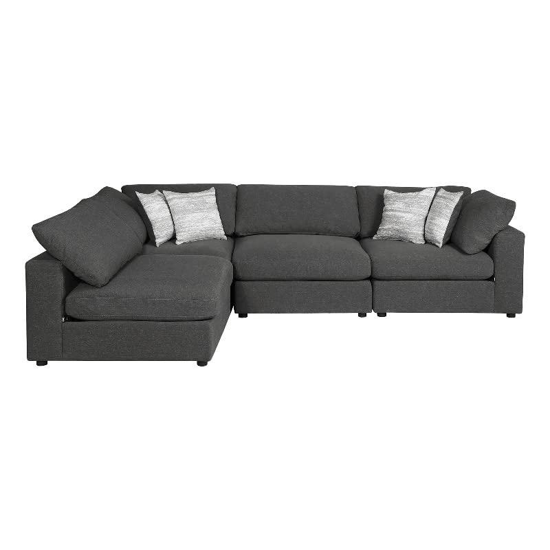 Charcoal upholstered Serene 4-piece modular sectional sofa by Start2Finish, showing plush cushions and modern furniture design.
