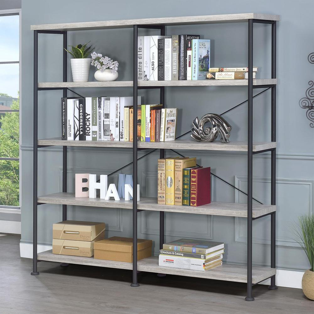 Start2Finish Analiese 63-inch grey driftwood double bookshelf with four shelves, showcasing a modern, multi-tier storage unit.