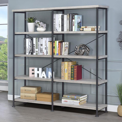 Start2Finish Analiese 63-inch grey driftwood double bookshelf with four shelves, showcasing a modern, multi-tier storage unit.