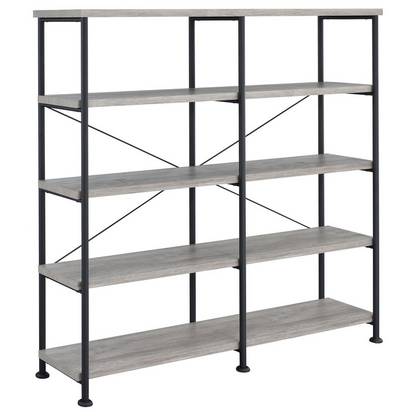 Start2Finish Analiese 63-inch grey driftwood double bookshelf with four spacious shelves for storage and display.