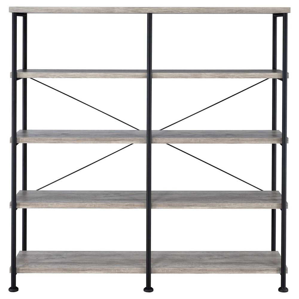 Start2Finish Analiese 63-inch grey driftwood double bookshelf with four shelves, showcasing a modern and spacious storage unit.