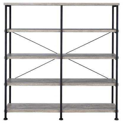 Start2Finish Analiese 63-inch grey driftwood double bookshelf with four shelves, showcasing a modern and spacious storage unit.