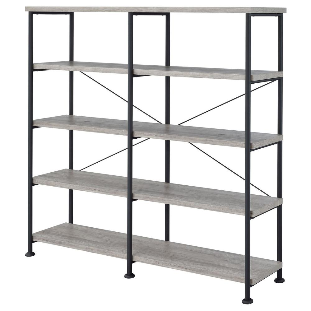 Start2Finish Analiese 63-inch grey driftwood double bookshelf with four shelves, showcasing a modern wooden storage unit.