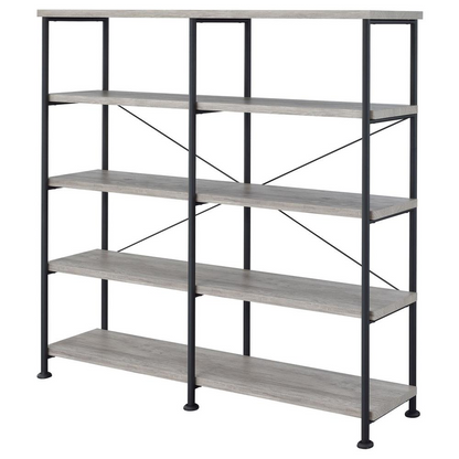 Start2Finish Analiese 63-inch grey driftwood double bookshelf with four shelves, showcasing a modern wooden storage unit.