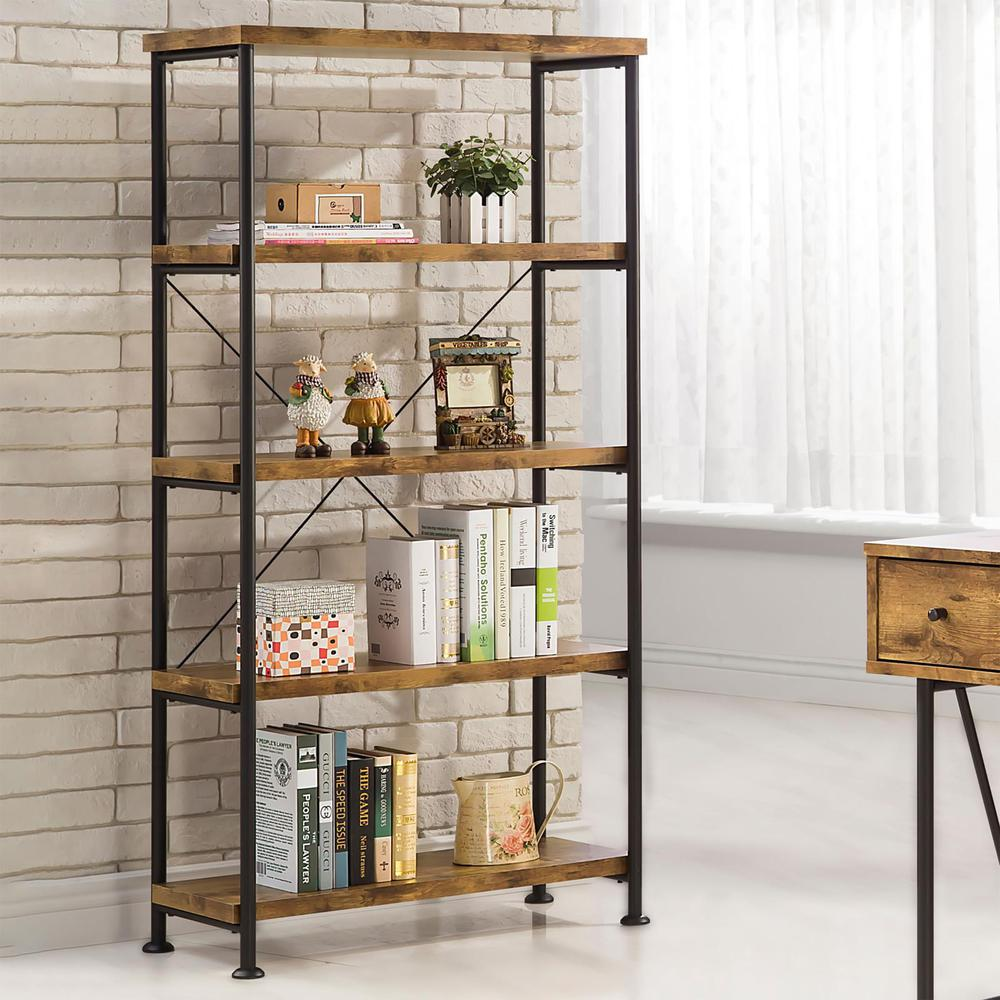 Start2Finish Analiese 63-inch rustic nutmeg bookshelf with four shelves, showcasing a sturdy wooden design and warm finish.