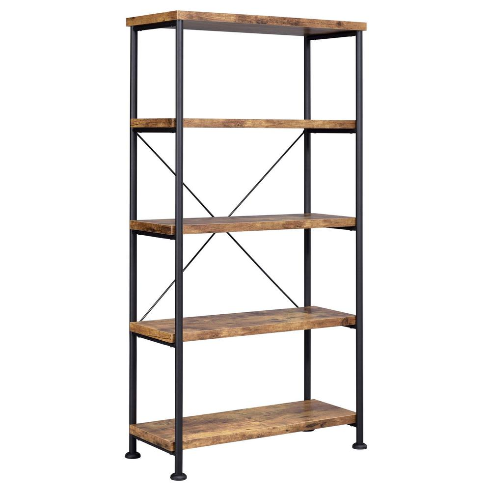 Rustic Nutmeg Analiese 63-inch 4-shelf Bookshelf by Start2Finish showing wooden shelves and sturdy frame.