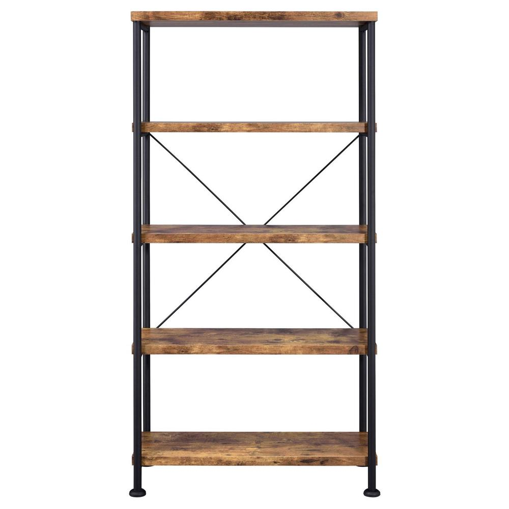 Start2Finish Analiese 63-inch rustic nutmeg bookshelf with four shelves, showcasing a sturdy wooden design and natural wood finish.