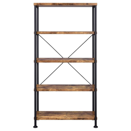 Start2Finish Analiese 63-inch rustic nutmeg bookshelf with four shelves, showcasing a sturdy wooden design and natural wood finish.
