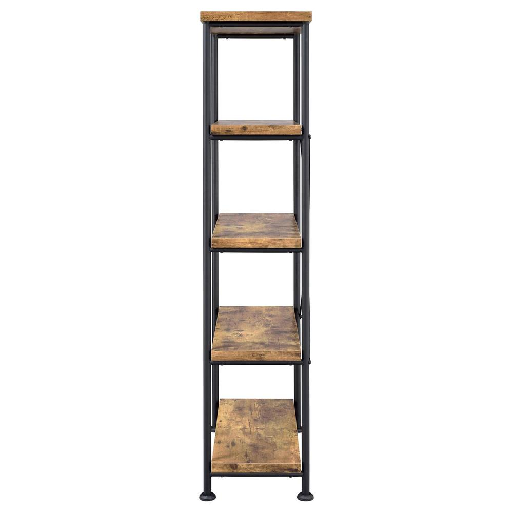 Start2Finish Analiese 63-inch rustic nutmeg bookshelf with four shelves, showcasing wood grain and sturdy design in a home library setting.