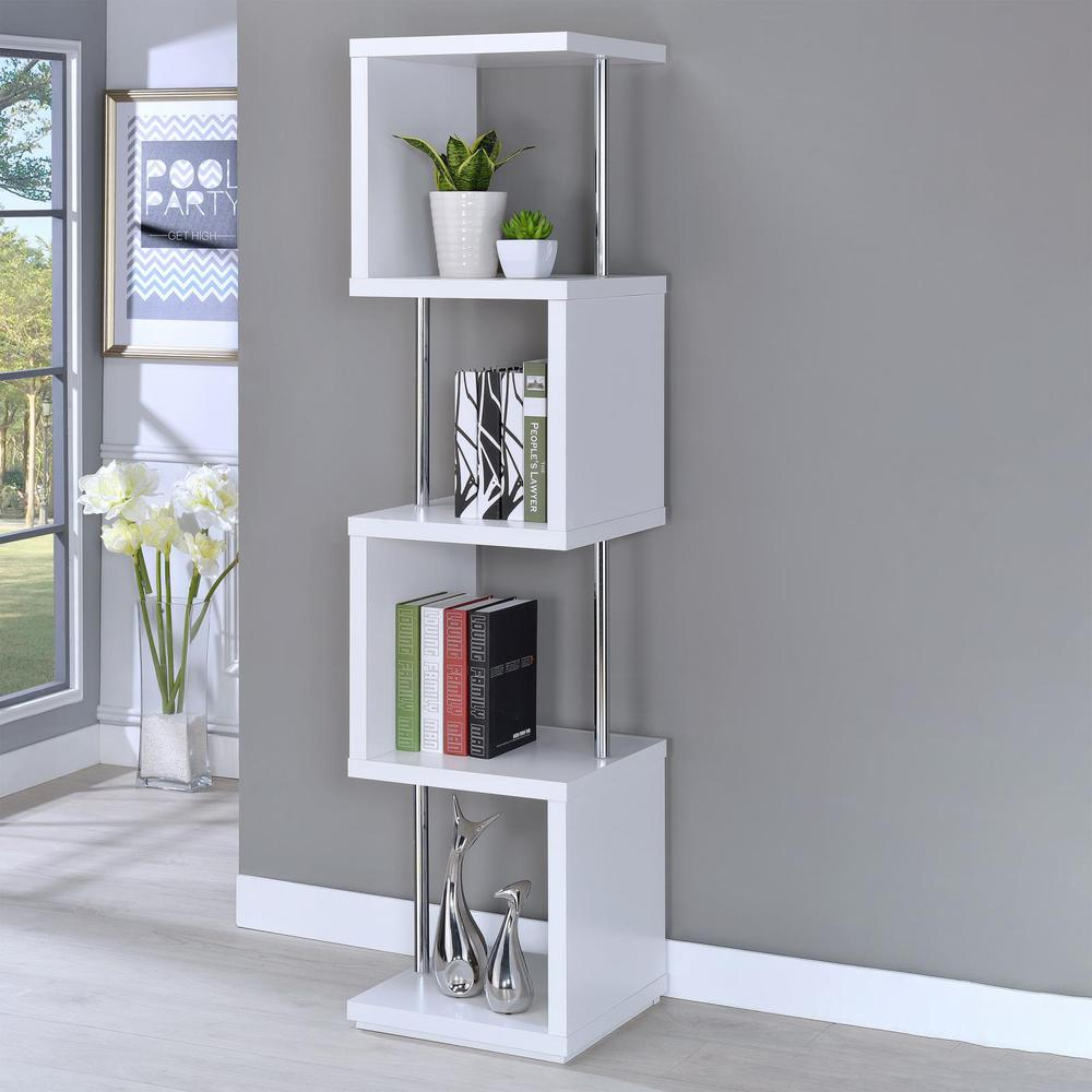 Start2Finish Baxter 67-inch white and chrome bookshelf with four shelves, modern furniture for organizing books and decor.