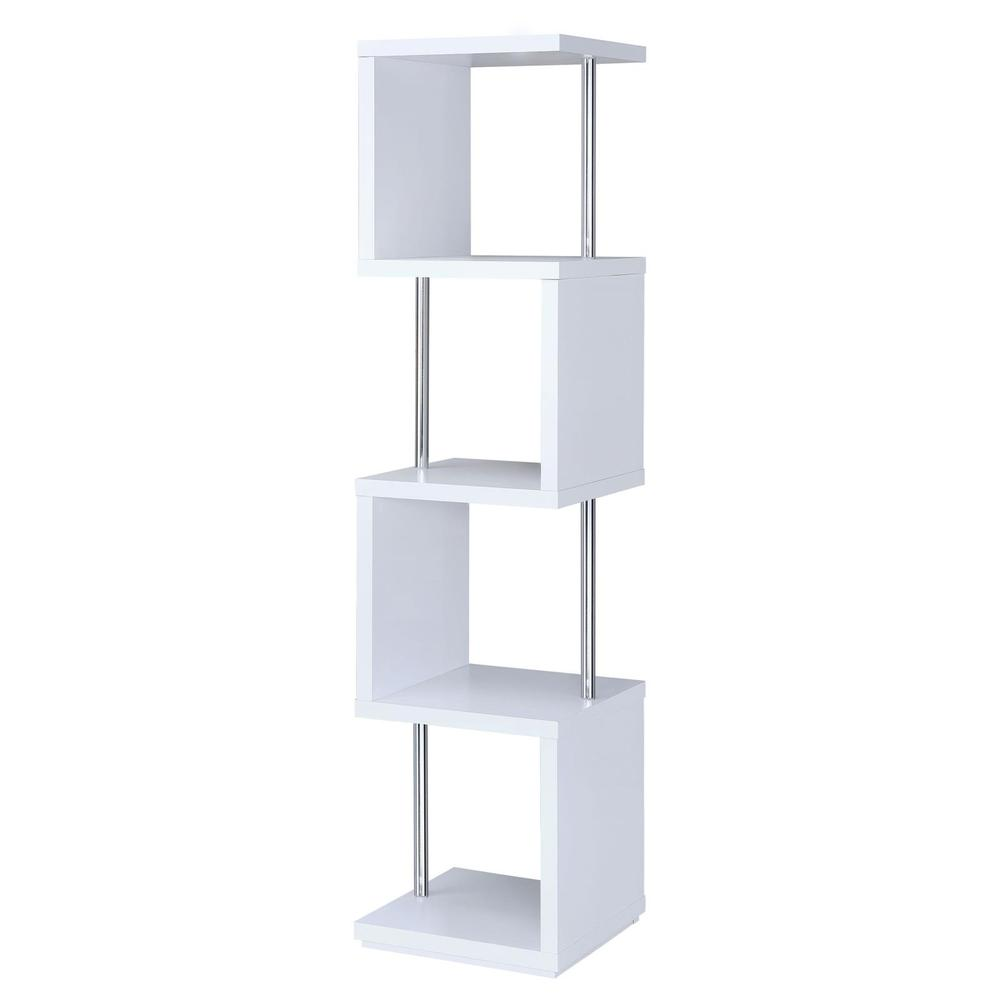 White and chrome Baxter 67-inch 4-shelf bookshelf from Start2Finish showing a modern furniture design with spacious storage.