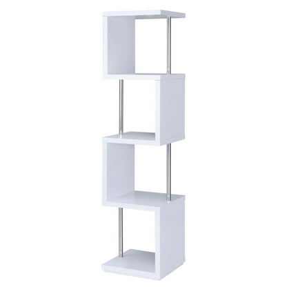 White and chrome Baxter 67-inch 4-shelf bookshelf from Start2Finish showing a modern furniture design with spacious storage.