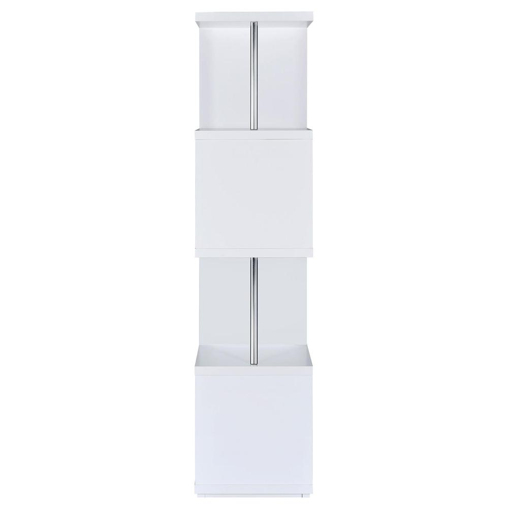 Start2Finish Baxter 67-inch white and chrome bookshelf with four shelves, showcasing a modern furniture storage unit.