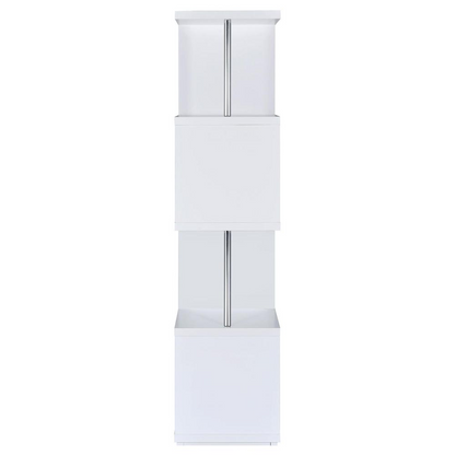 Start2Finish Baxter 67-inch white and chrome bookshelf with four shelves, showcasing a modern furniture storage unit.