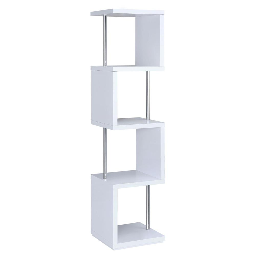 White Baxter 67-inch 4-shelf bookshelf with chrome frame by Start2Finish, showcasing sturdy shelves and modern design.