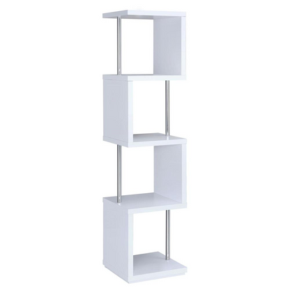 White Baxter 67-inch 4-shelf bookshelf with chrome frame by Start2Finish, showcasing sturdy shelves and modern design.