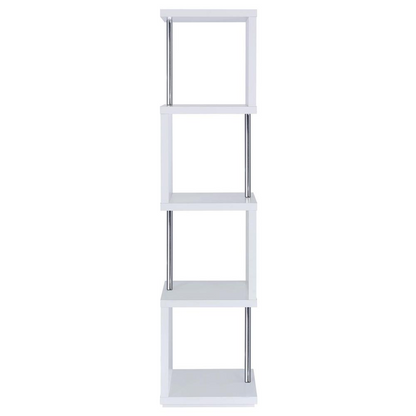 White and chrome Baxter 67-inch four-shelf bookshelf from Start2Finish, showcasing modern furniture with open shelving design.