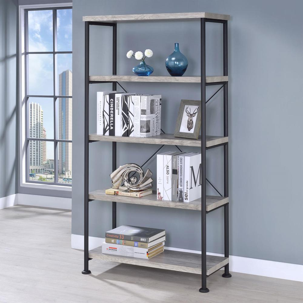 Start2Finish Analiese 63-inch grey driftwood bookshelf with four shelves, showcasing modern furniture design and storage space.