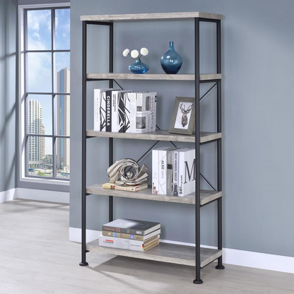 Start2Finish Analiese 63-inch grey driftwood bookshelf with four shelves, showcasing modern furniture design and storage space.