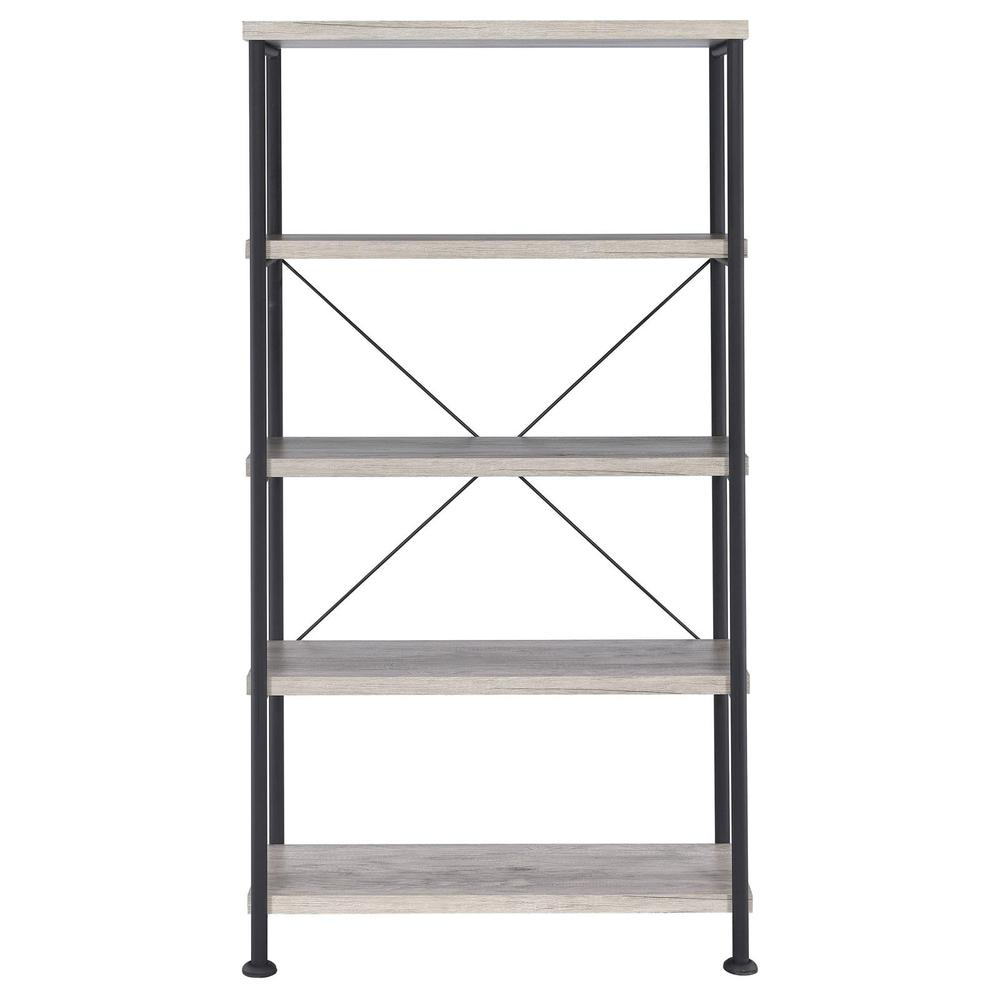 Start2Finish Analiese 63-inch grey driftwood bookshelf with four shelves, showcasing a modern furniture piece with storage space.