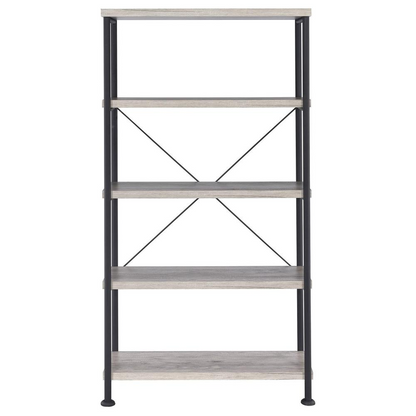 Start2Finish Analiese 63-inch grey driftwood bookshelf with four shelves, showcasing a modern furniture piece with storage space.