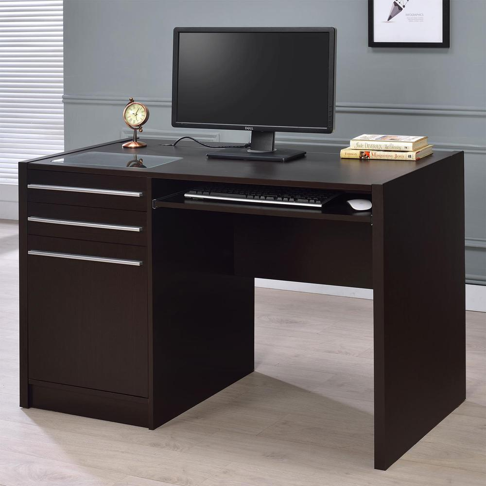 Start2Finish Halston 47-inch office desk with two drawers and cabinet, in a warm cappuccino finish, ideal for home or office workspace.