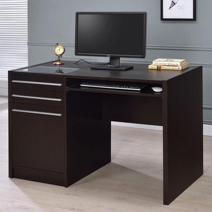 Start2Finish Halston 47-inch office desk with two drawers and cabinet, in a warm cappuccino finish, ideal for home or office workspace.