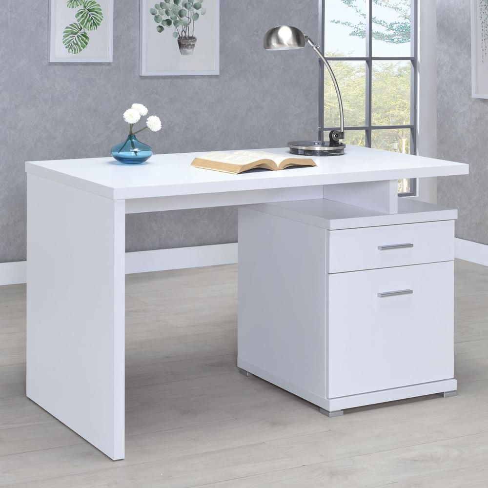 White Irving 47-inch 2-drawer office computer desk by Start2Finish, featuring a sleek surface and functional storage drawers.