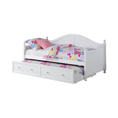 White Julie Ann Wood Twin Daybed with Trundle from Start2Finish, featuring a classic wooden design and a convenient pull-out bed.