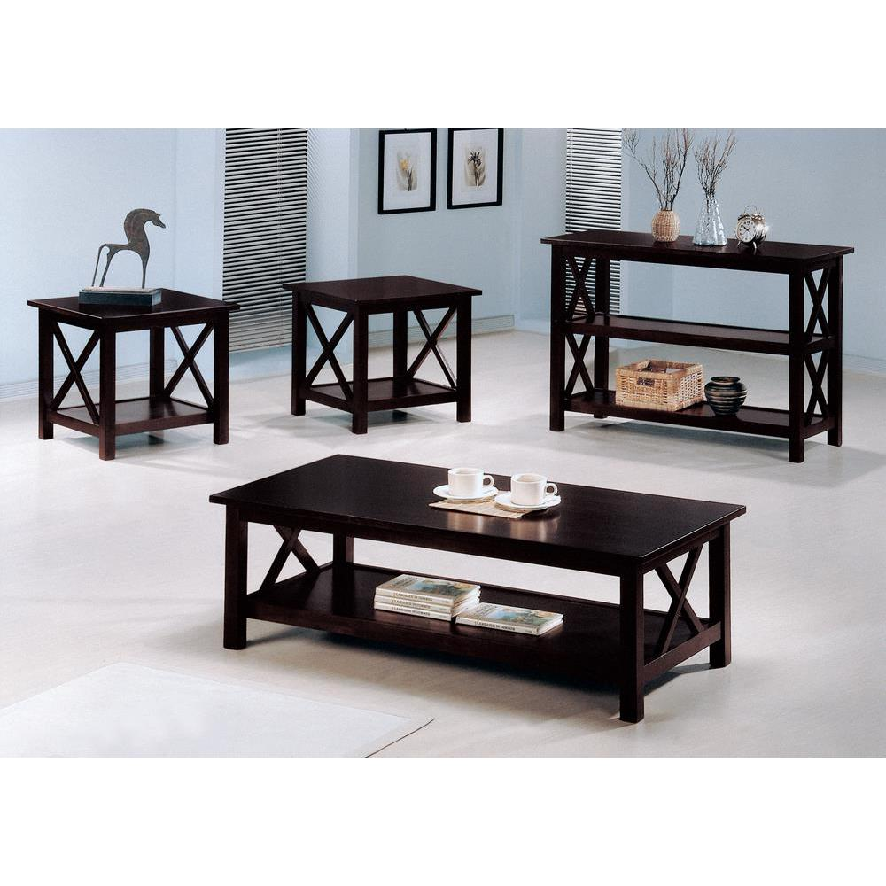 Start2Finish Rachelle 3-piece rectangular coffee table set in deep merlot wood finish, showing the modern design and sturdy construction.