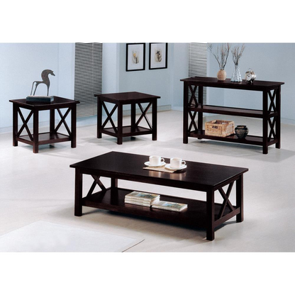 Start2Finish Rachelle 3-piece rectangular coffee table set in deep merlot wood finish, showing the modern design and sturdy construction.