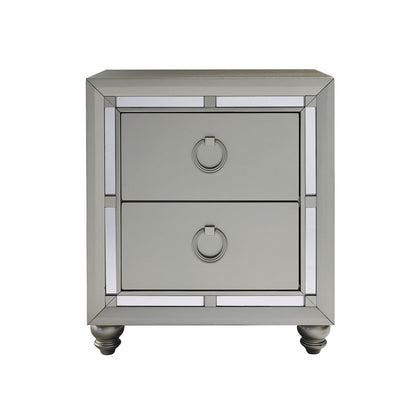 Silver Champagne Tone Nightstand With 2 Drawer  Mirror Trim Accent