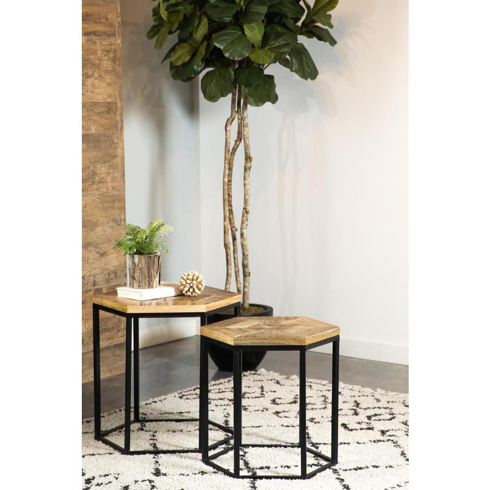 Start2Finish Adger 2-piece hexagonal nesting tables in natural wood and black finish, stacked on a modern living room floor.