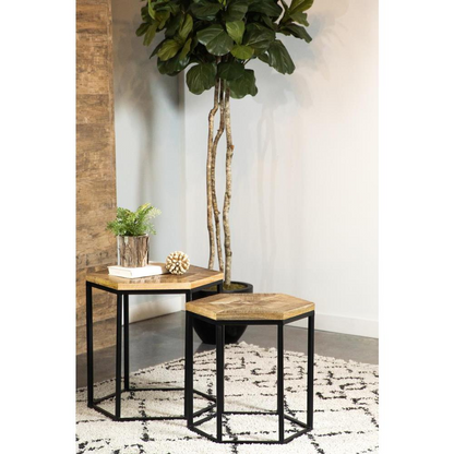 Start2Finish Adger 2-piece hexagonal nesting tables in natural wood and black finish, stacked on a modern living room floor.