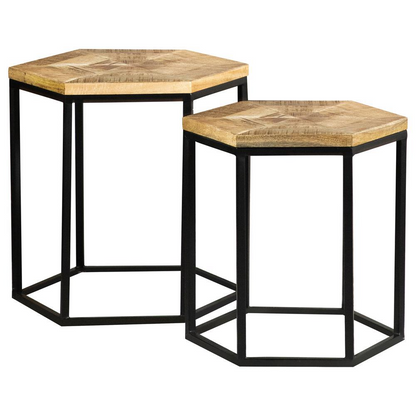 Start2Finish Adger 2-piece hexagonal nesting tables in natural wood and black finish, showing their modern geometric design.