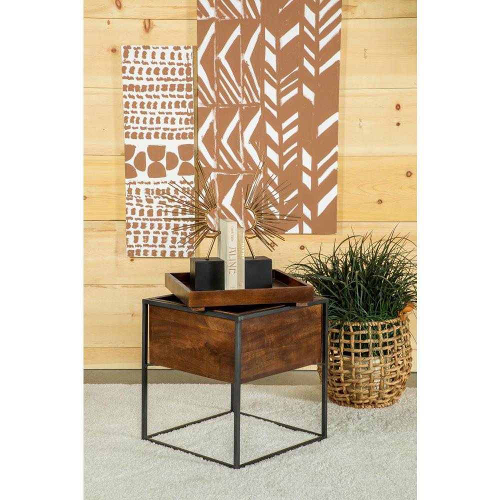 Dark brown Ondrej square accent side table by Start2Finish with a removable tray, showcasing a modern furniture design.
